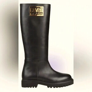 Cavalli Class Black Knee high Calf skin Leather Combat Boots Sz 8